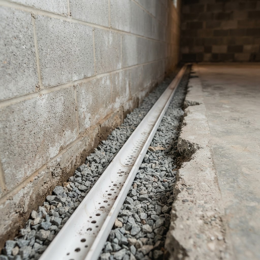 Example photo: basement wall with an interior perimeter drain channel along the floor-wall joint