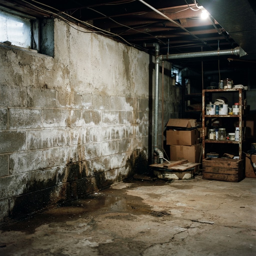Older Muncie, Indiana home basement wall with seepage stains and efflorescence
