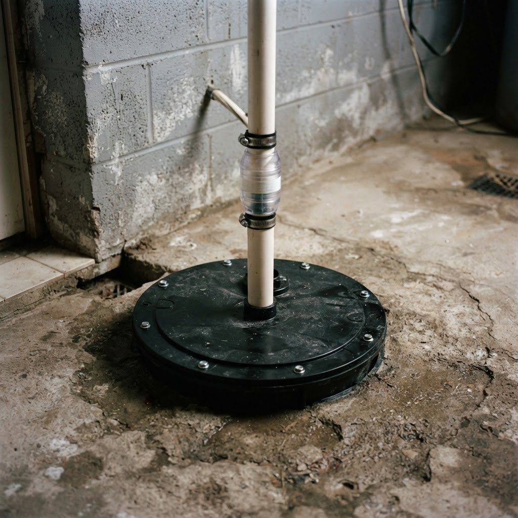 Example photo: sump pump basin set in a concrete floor with discharge piping