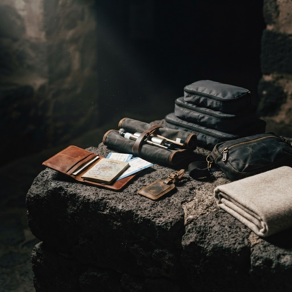The Summit & Carry range on a rough dark stone ledge at dusk: a cognac leather passport folio and luggage tag, a charcoal waxed-canvas wash roll, three packing cubes, a black sling and an oatmeal merino wrap