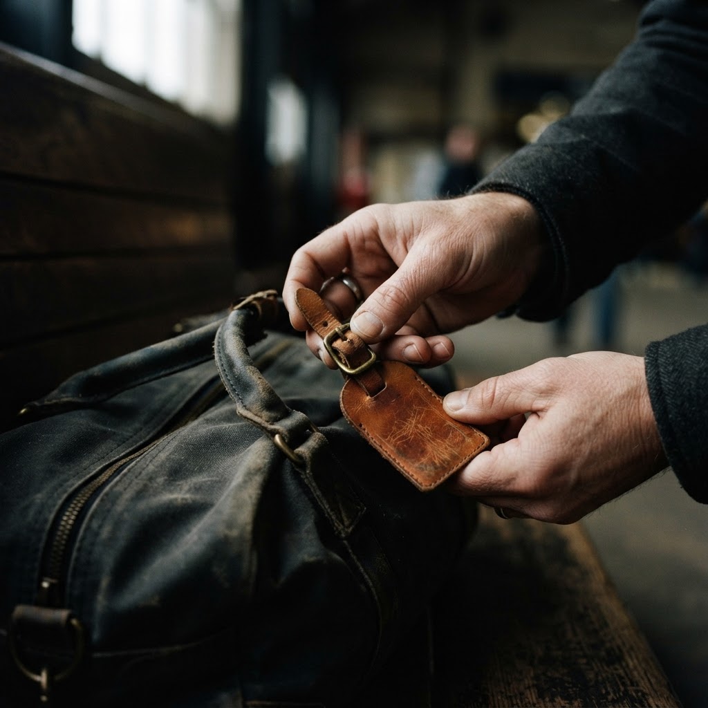 Hands fastening a brass buckle on a cognac leather luggage tag attached to a worn canvas duffle bag in cold morning light