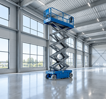 Elektrische Scherenbühne angehoben in einer leeren Industriehalle