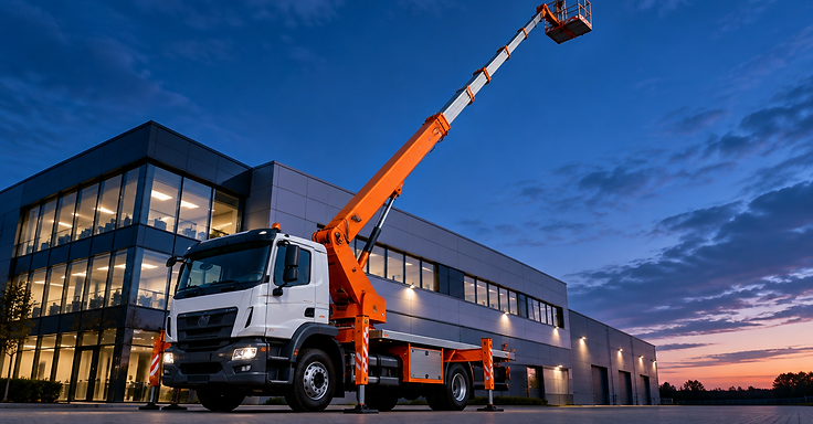LKW-Arbeitsbühne mit weit ausgefahrenem Teleskoparm bei Dämmerung