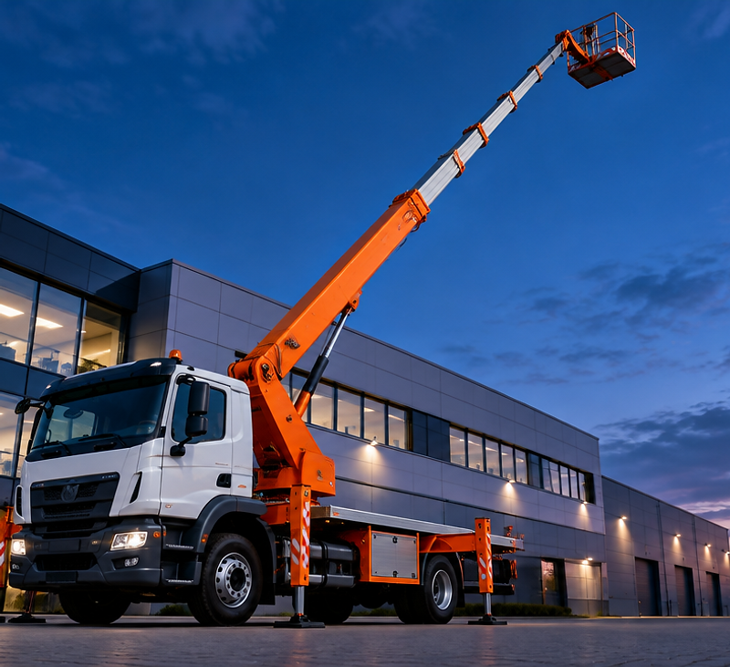 LKW-Arbeitsbühne mit ausgefahrenem Teleskoparm vor einer Gebäudefassade in Karlsruhe
