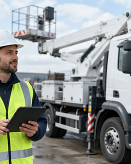 Bediener in Warnweste mit Tablet neben einer LKW-Arbeitsbühne
