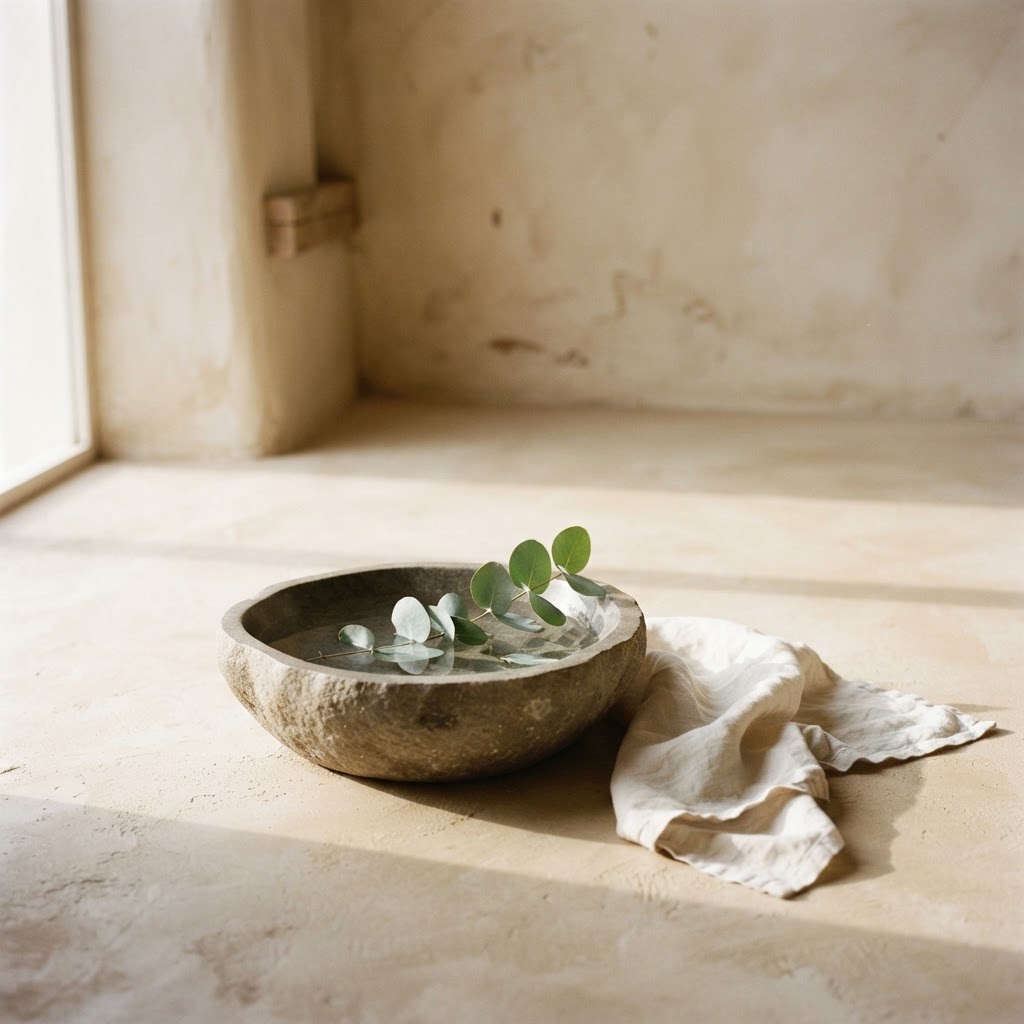 A stone bowl of still water with a eucalyptus sprig