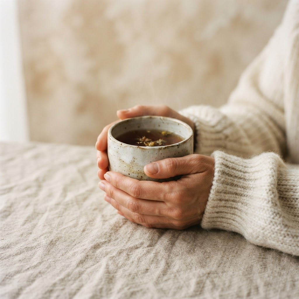 Hands cradling a warm ceramic cup of tea