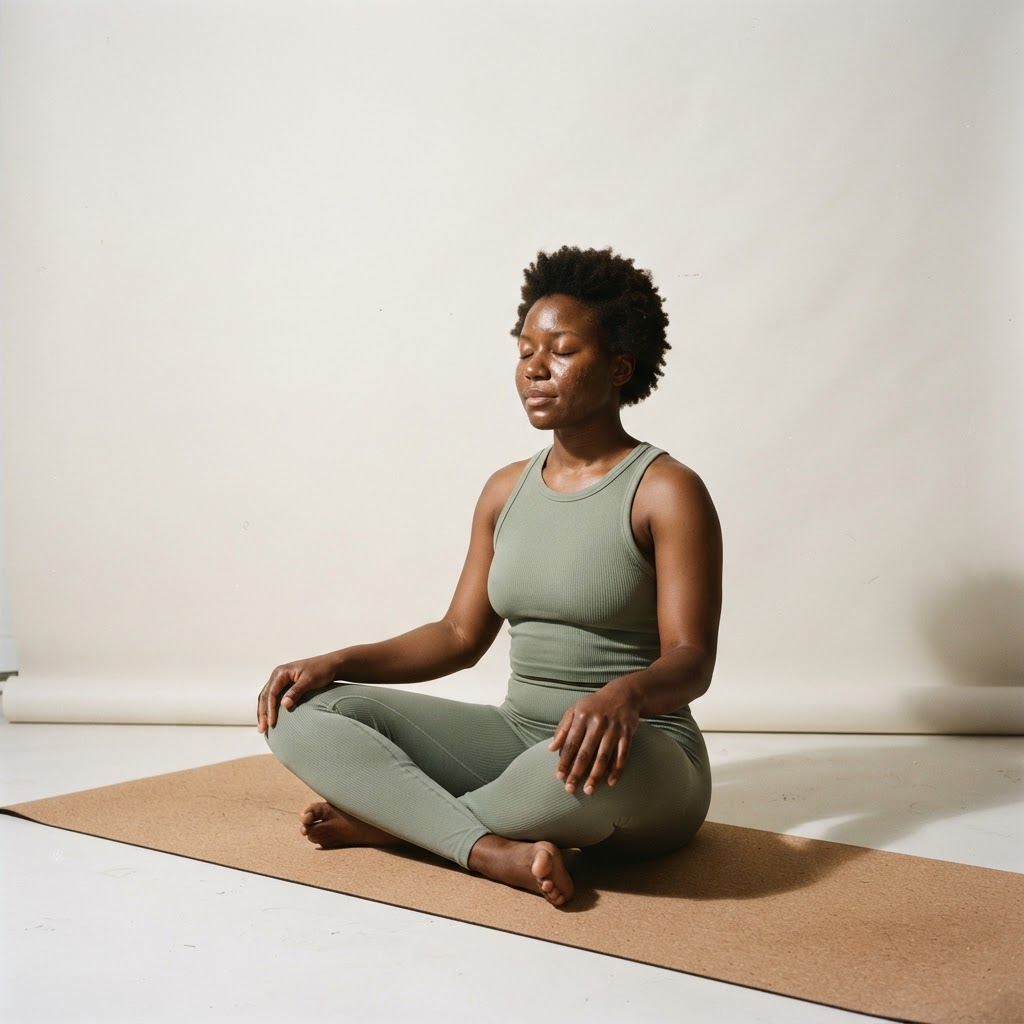 Black woman in sage activewear seated in a calm upright posture on a cork mat against a bone-white studio backdrop