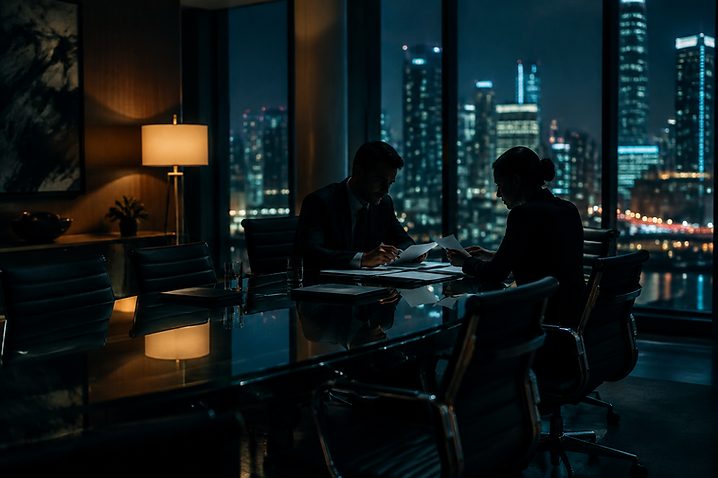 Two professionals reviewing documents in a boardroom at night