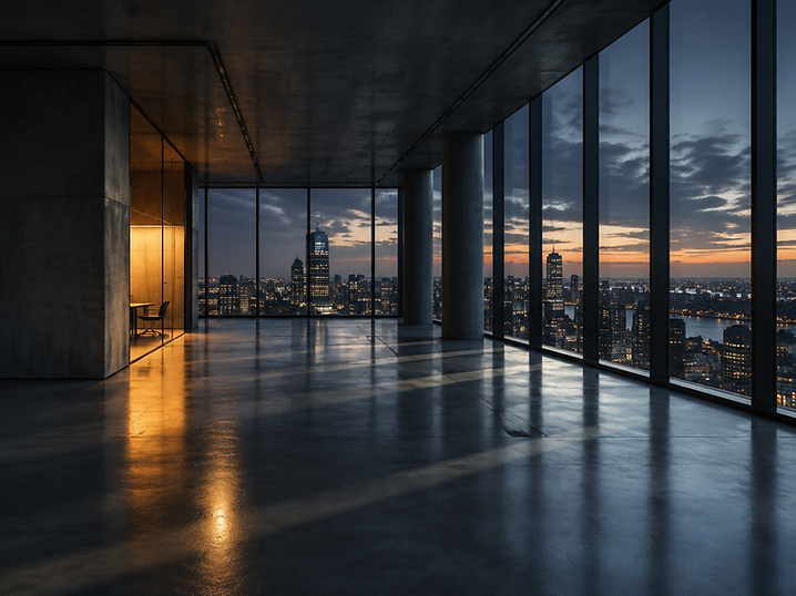 Quiet modern office interior at dusk
