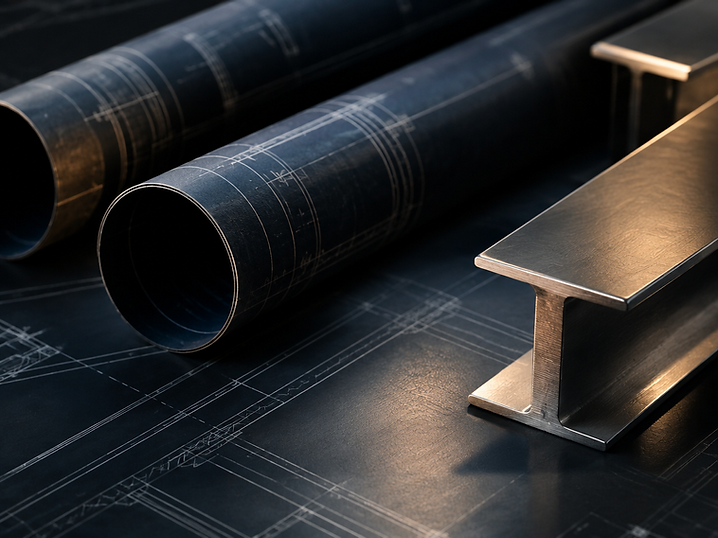 Technical drawings and steel detail lit from one side