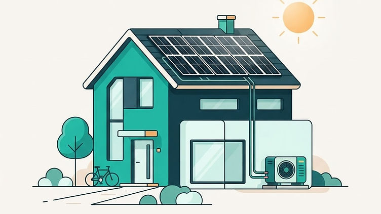 Illustration av en villa med värmepump och solceller på taket