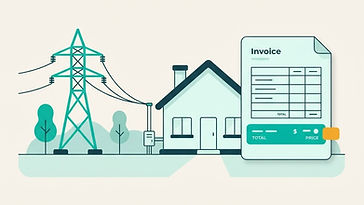 Illustration av elledningar, ett hus och en faktura som symboliserar elnätsavgiften
