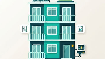 Illustration av ett lägenhetshus med hushållsapparater och en elmätare