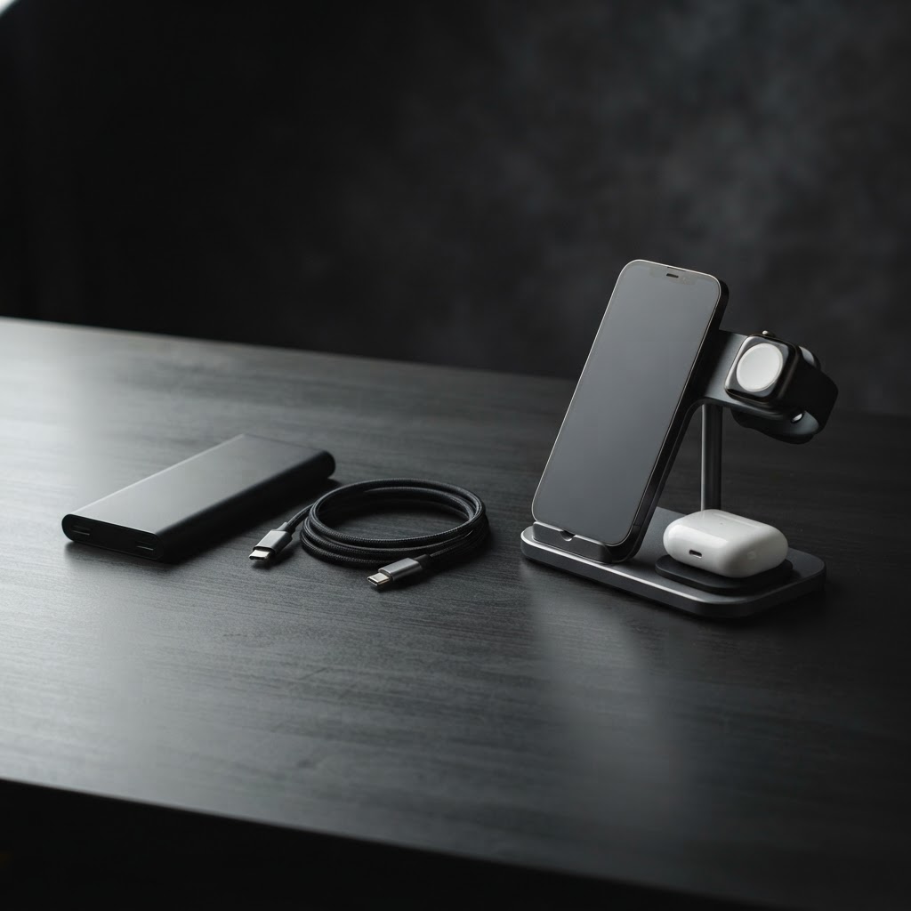 A magnetic power bank, braided USB-C cable and a three-in-one charging stand on a graphite desk
