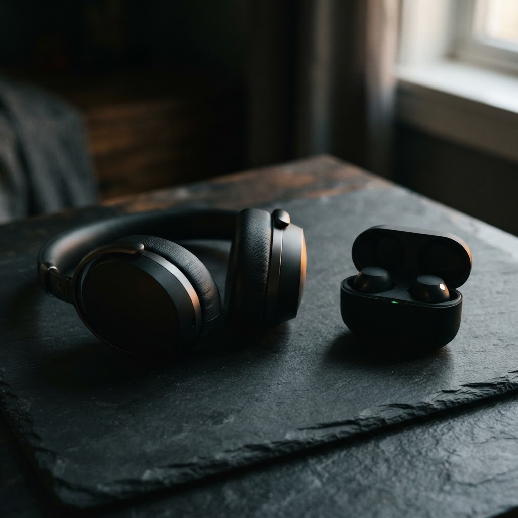 Matte black over-ear headphones and open wireless earbuds on a dark slate surface