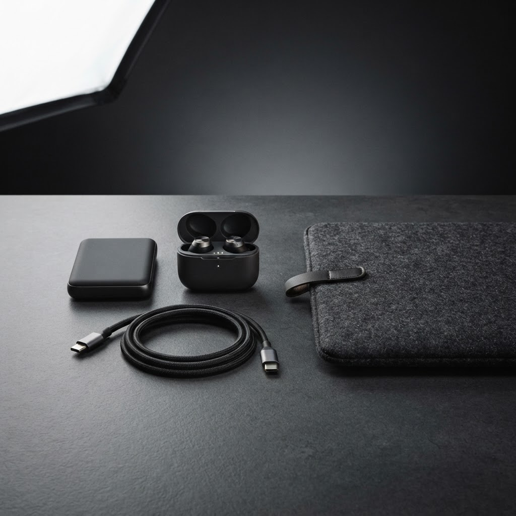 Insignia accessories on a graphite surface: a magnetic power bank, braided USB-C cable, wireless earbuds and a felt laptop sleeve