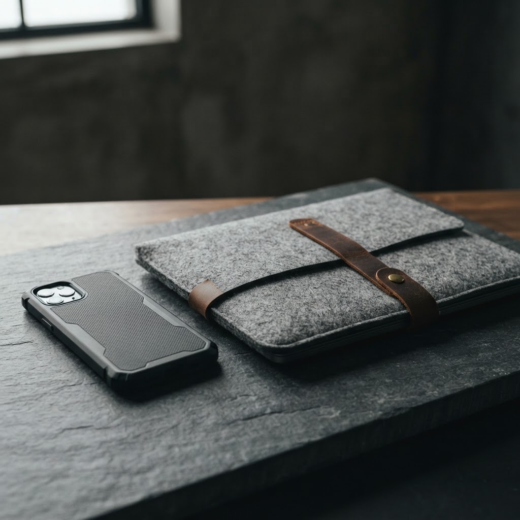 A rugged charcoal phone case and a stone grey felt laptop sleeve on a graphite surface