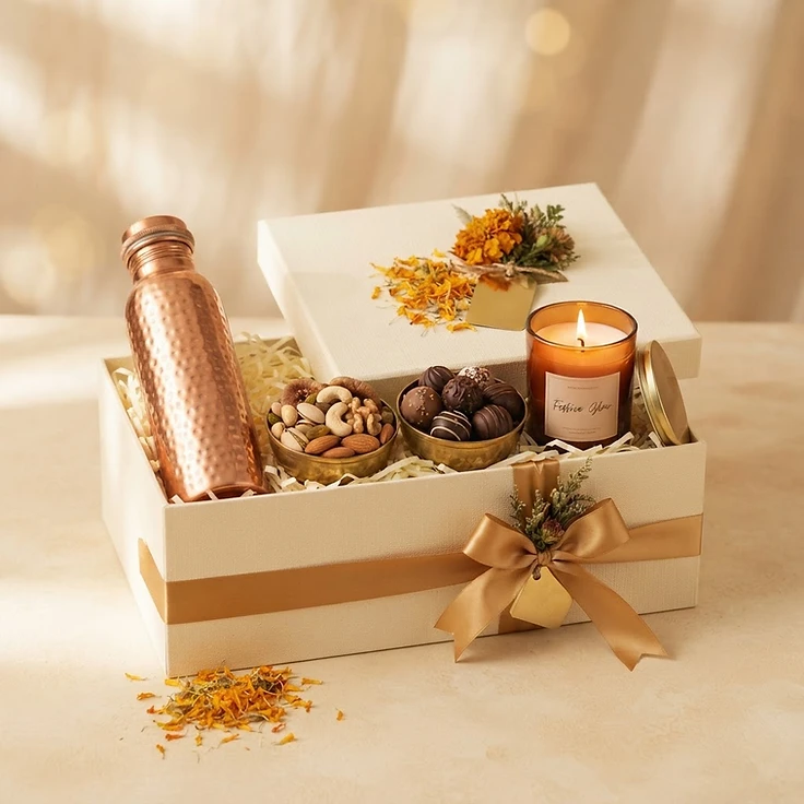Festive Copper Bottle, Gourmet Treats & Fragrance Gift Hamper