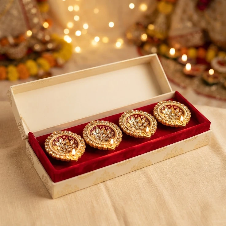 Festive Floral Kundan Diya Gift Box Set of Four