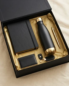 Executive Black & Gold Notebook, Bottle, Pen & Accessories Gift Set