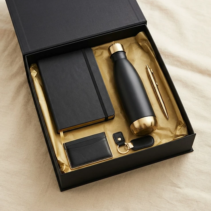 Executive Black & Gold Notebook, Bottle, Pen & Accessories Gift Set
