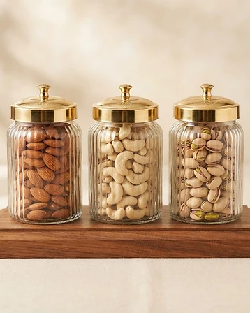 Regal Ribbed Gold-Finish Dry Fruit Jar Trio with Wooden Base