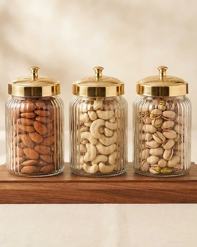 Regal Ribbed Gold-Finish Dry Fruit Jar Trio with Wooden Base