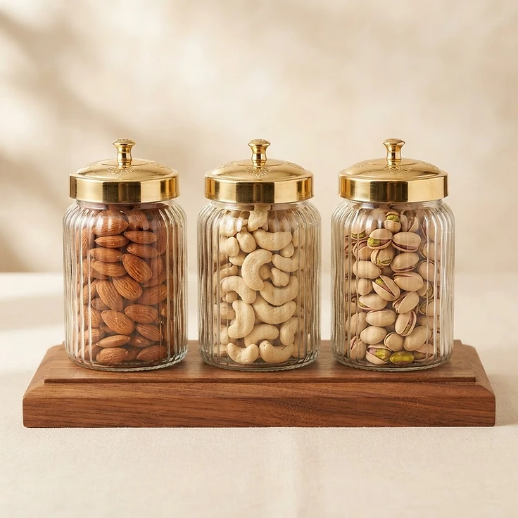 Regal Ribbed Gold-Finish Dry Fruit Jar Trio with Wooden Base
