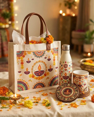 Festive Diwali Essentials Gift Set with Tote Bag, Bottle, Mug & Keepsake Plaque