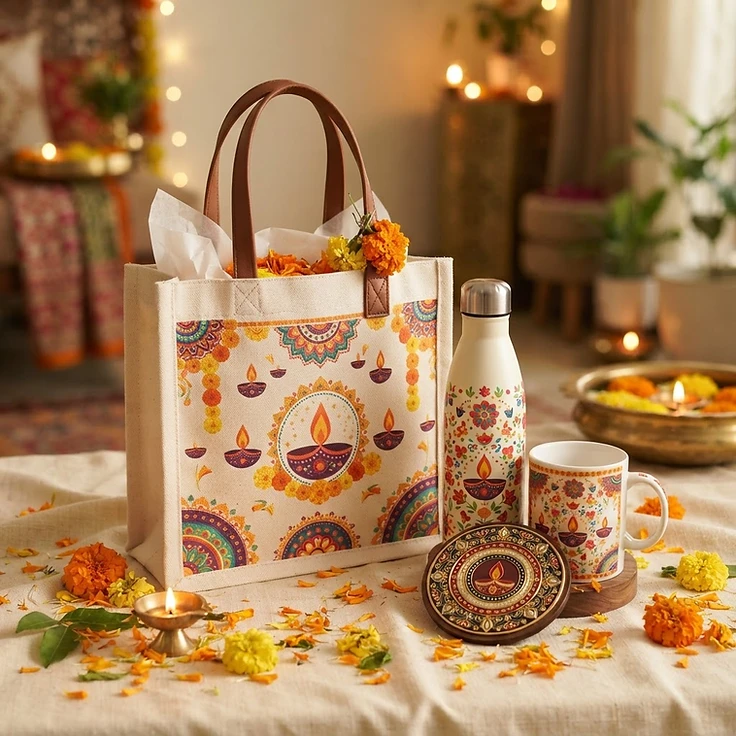 Festive Diwali Essentials Gift Set with Tote Bag, Bottle, Mug & Keepsake Plaque