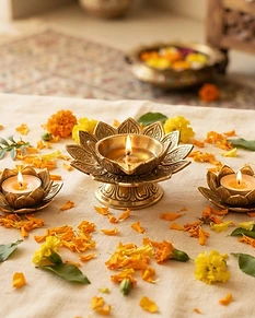 Brass Lotus Diya & Tealight Holder Set