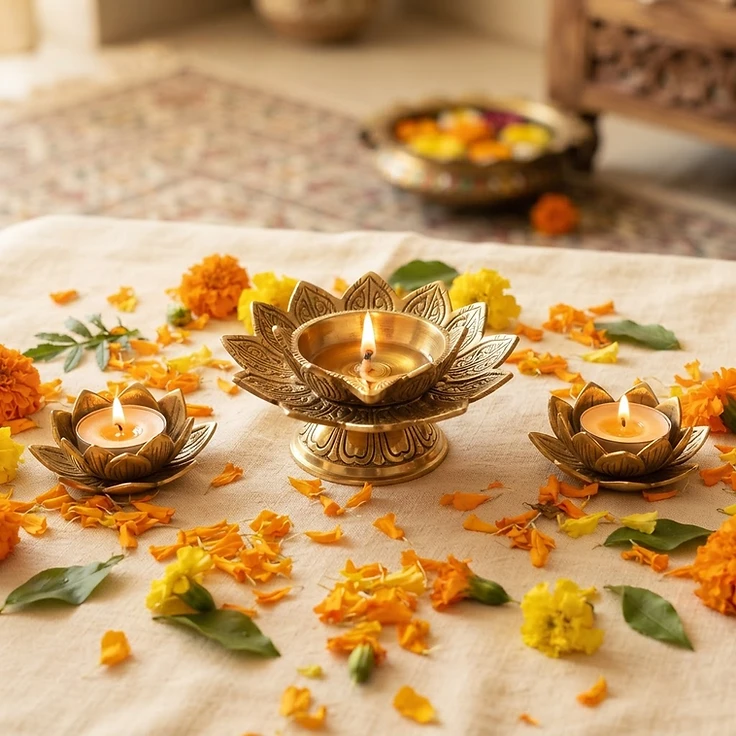 Brass Lotus Diya & Tealight Holder Set