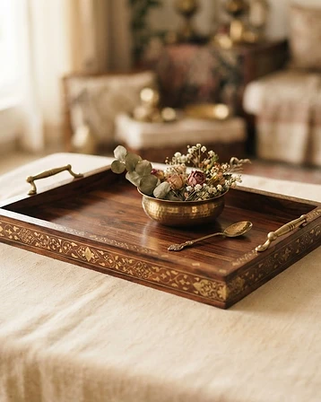Handcrafted Wooden Serving Tray with Brass Inlay