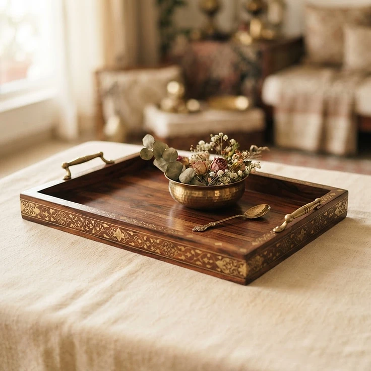 Handcrafted Wooden Serving Tray with Brass Inlay
