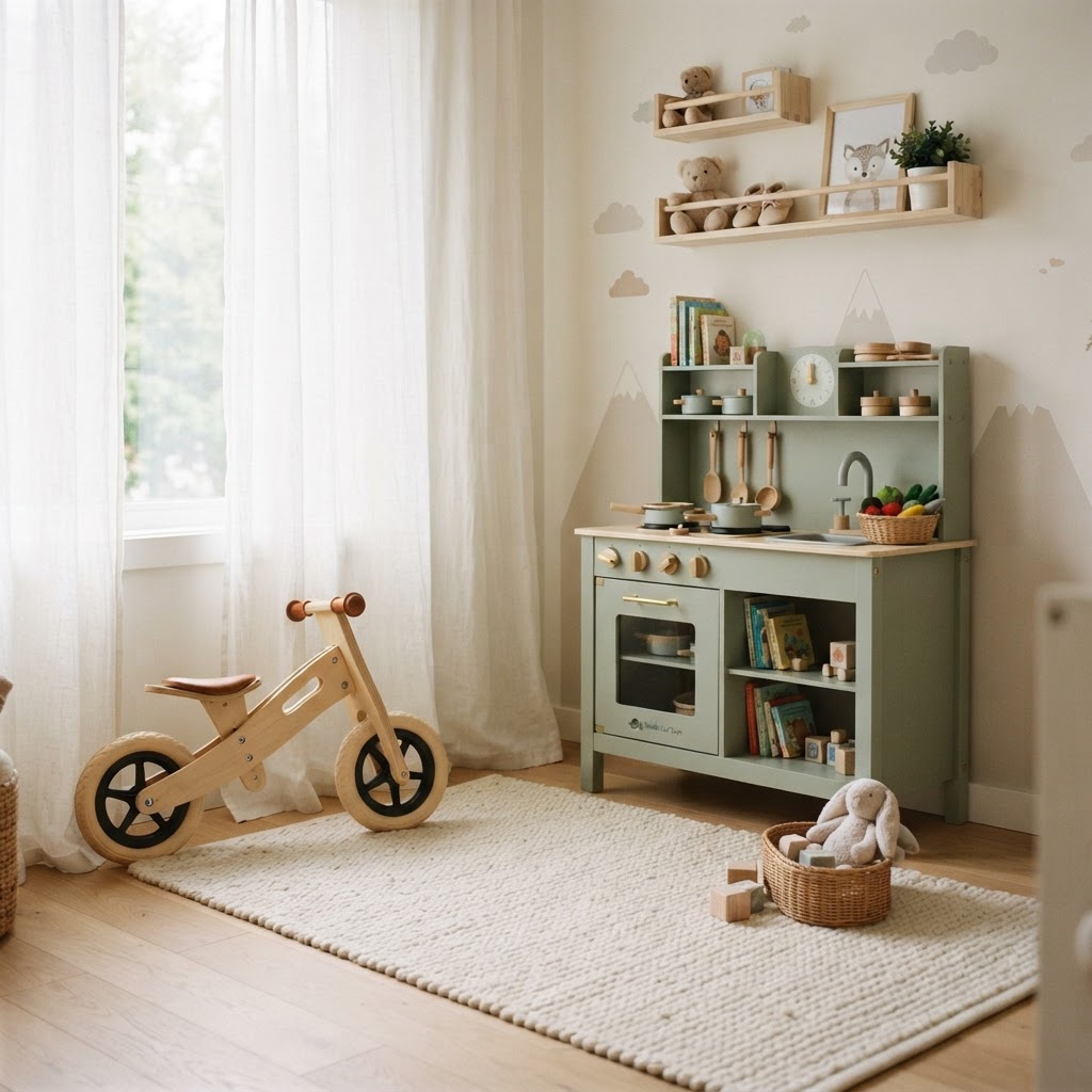 A wooden balance bike beside a sage green play kitchen in a bright nursery corner
