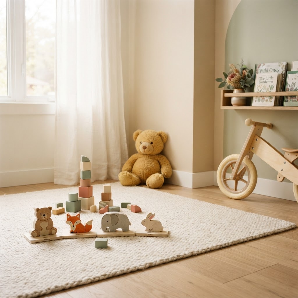 A bright nursery corner with a wooden animal puzzle, pastel stacking blocks, a plush teddy bear and a toddler balance bike