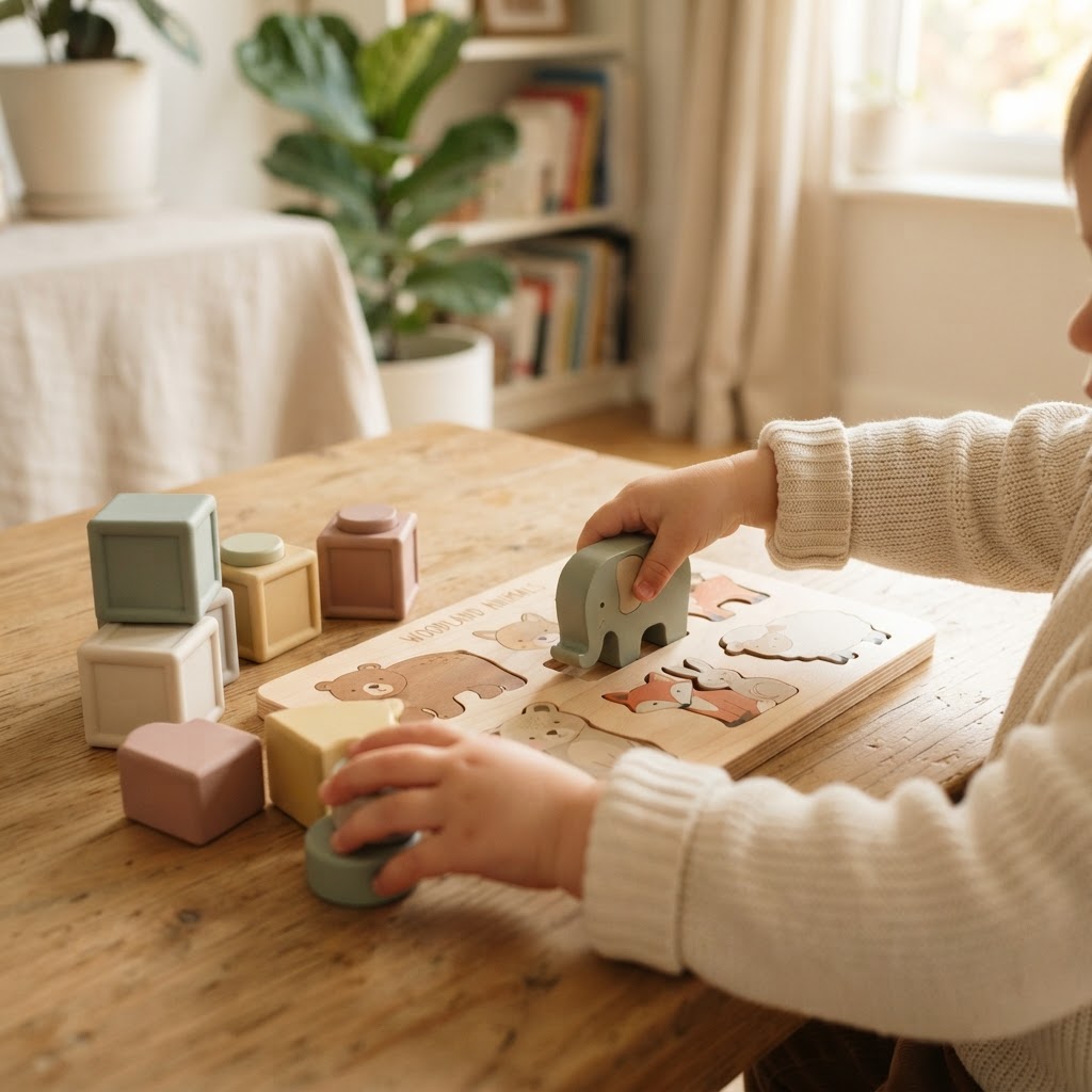 Toddler hands fitting chunky wooden animals into a puzzle on a light oak table
