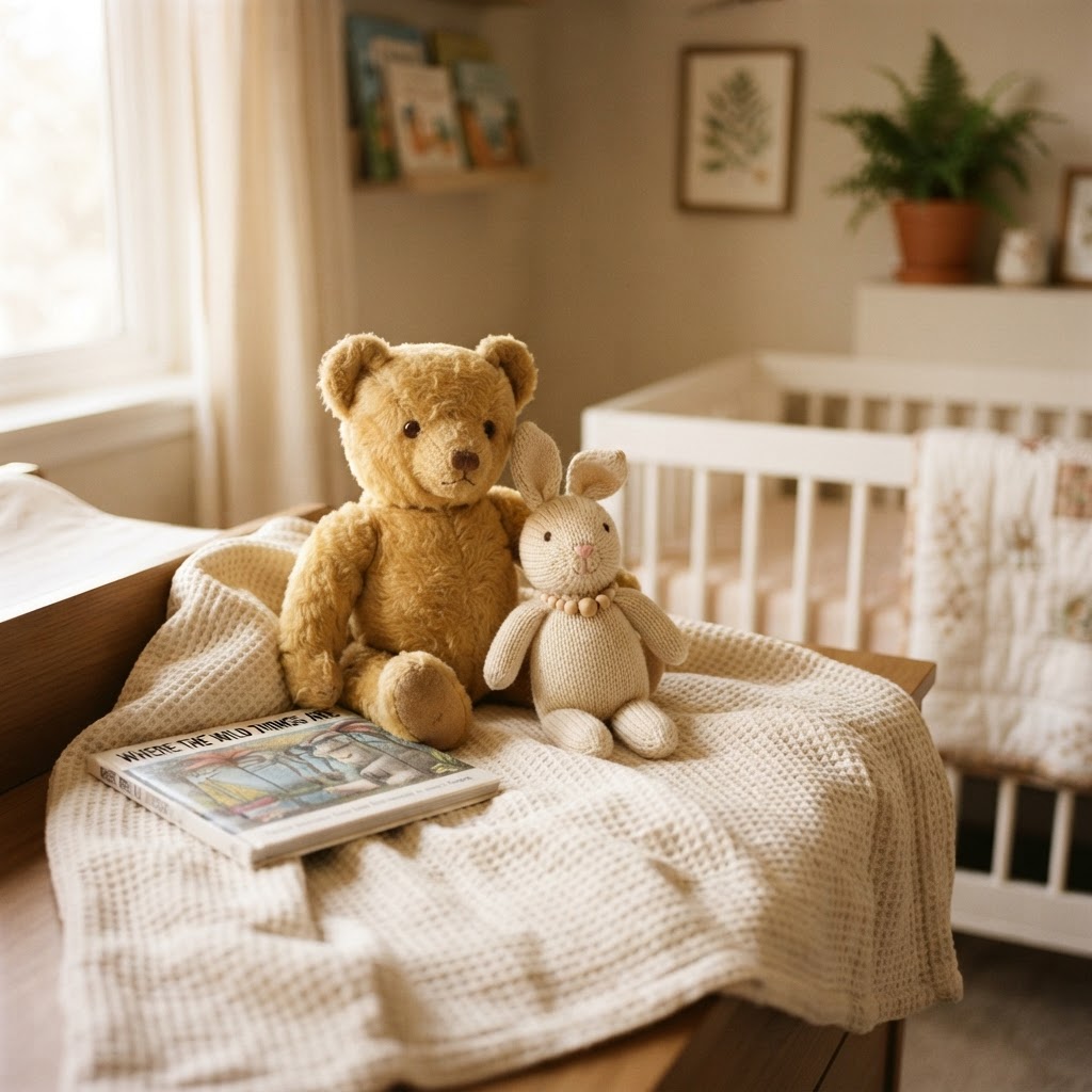 A honey coloured teddy bear and a knitted bunny beside a picture book on a cream blanket