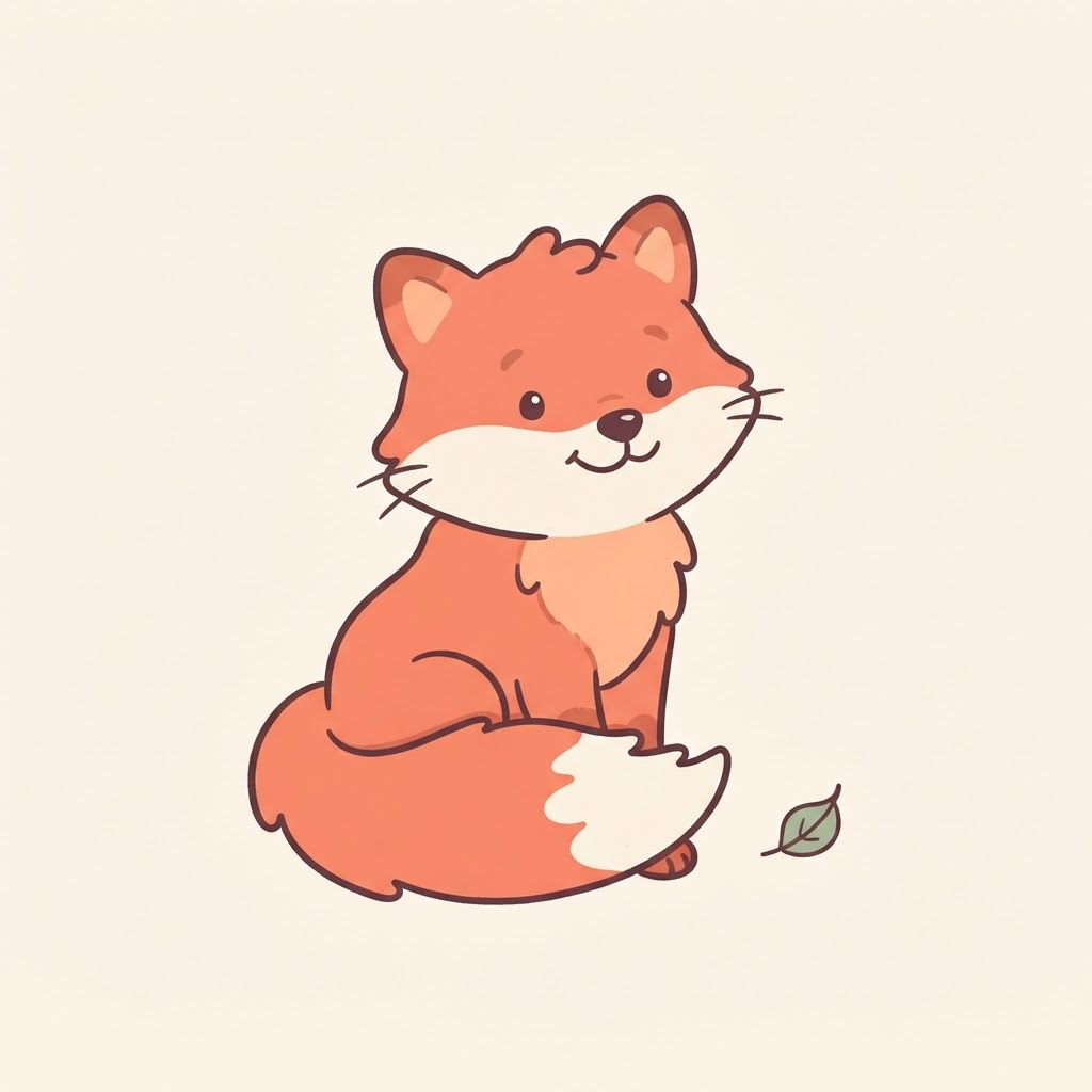 Illustrated baby fox sitting with its tail curled around its paws