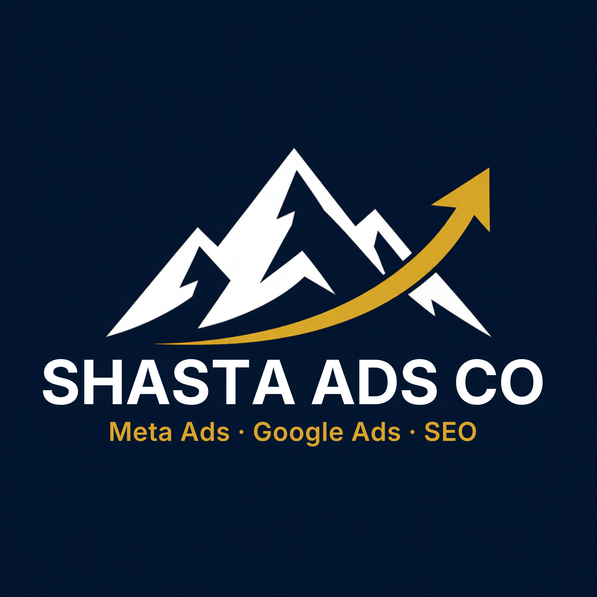 Shasta Ads Co logo: white mountain with a gold upward arrow