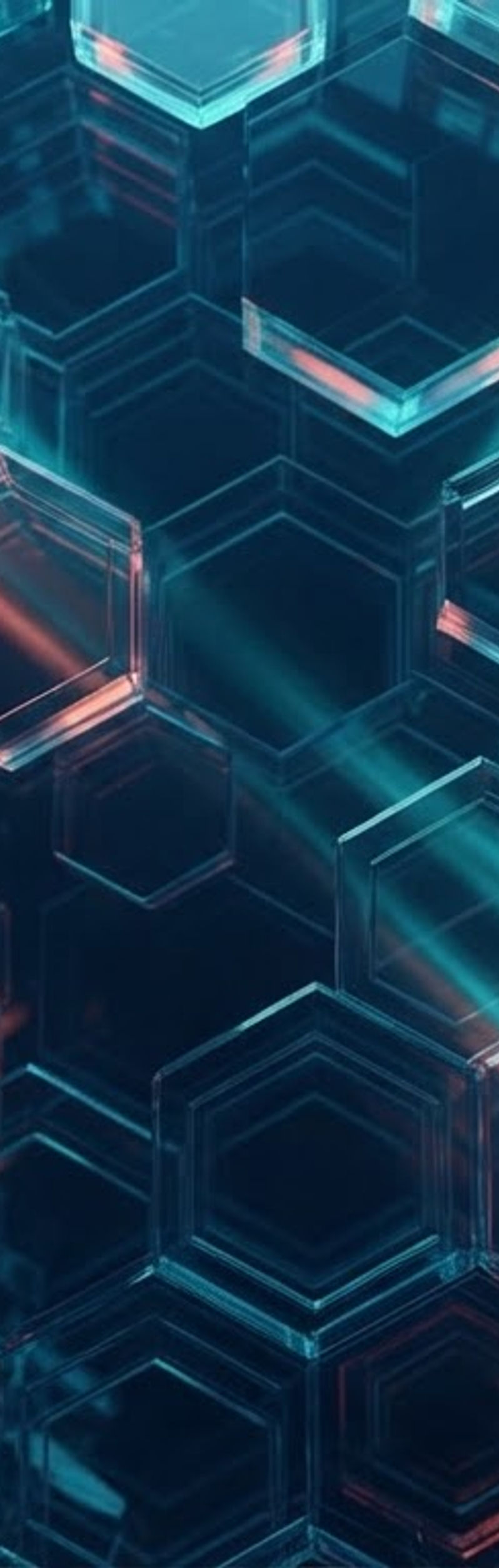 Translucent hexagonal structures lit by teal and coral beams