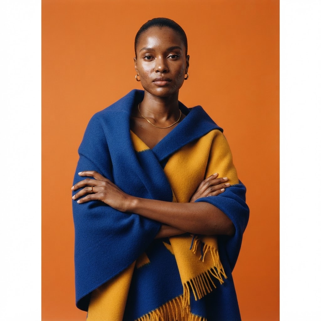 A Black woman wrapped in a cobalt and saffron wool blanket wrap against an orange backdrop