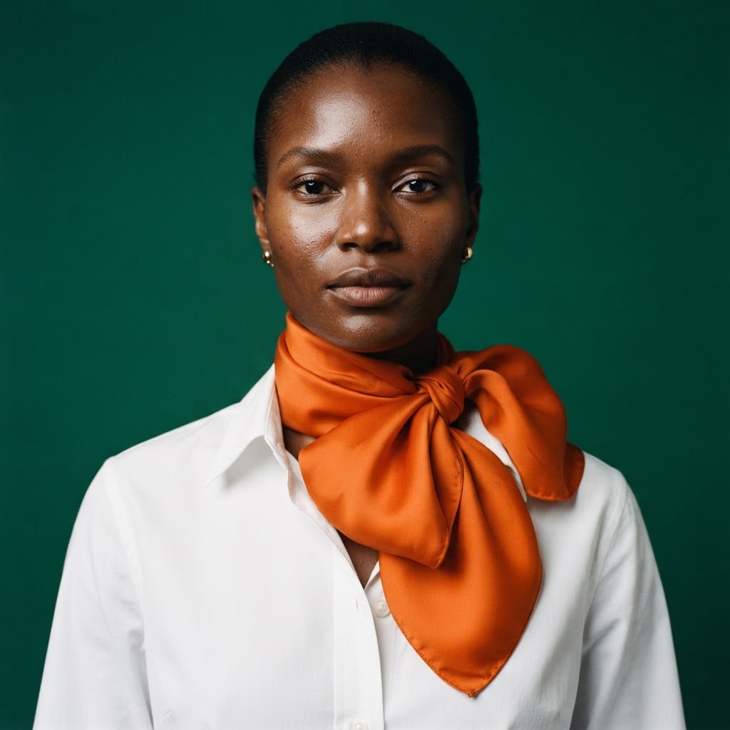 A Black woman wearing a vivid orange silk scarf tied at the throat against an emerald backdrop