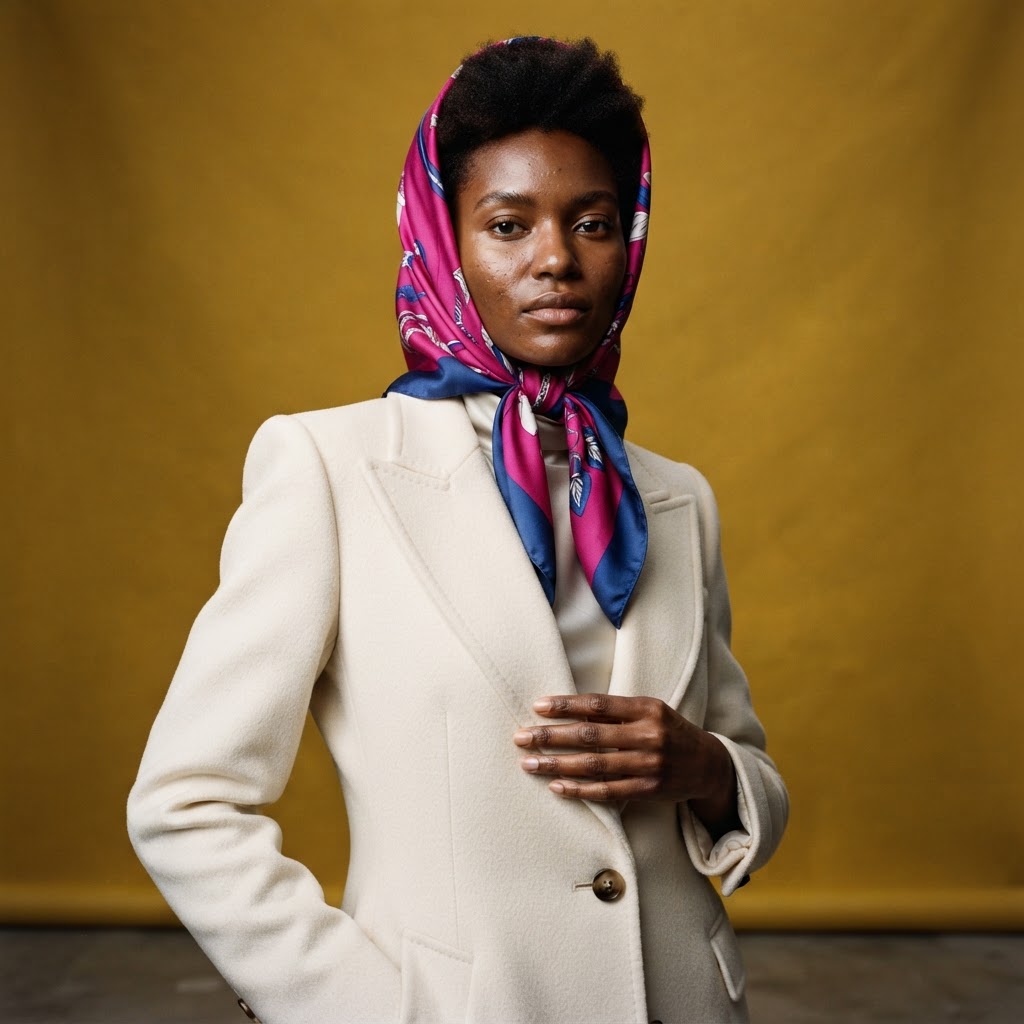 A Black woman wearing a fuchsia and ink printed silk square over her hair against a mustard backdrop