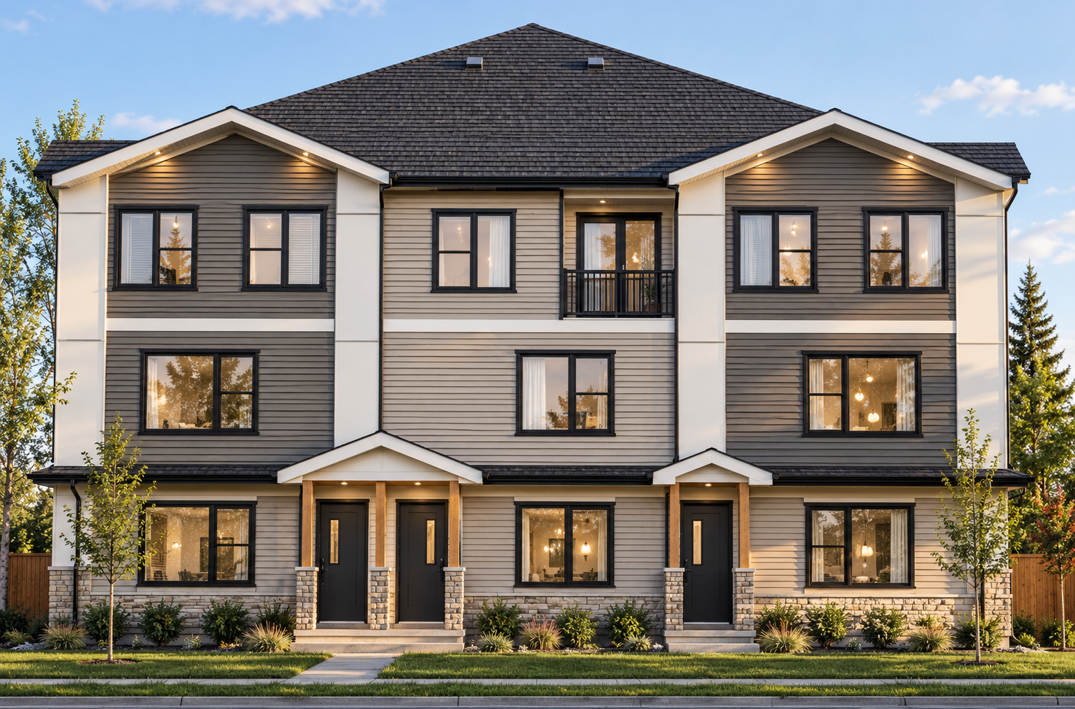 Front elevation of the 12-unit stacked townhome building in McCauley, Edmonton