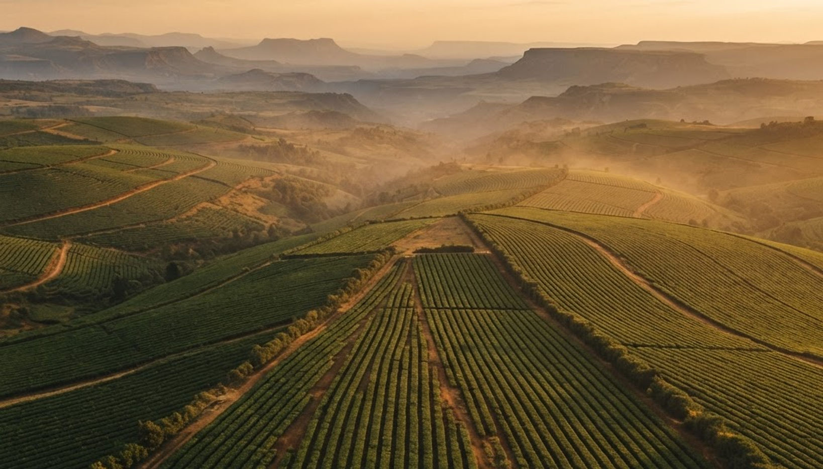 Aerial view of Kenyan farmland at golden hour