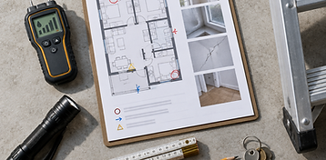Property inspection kit laid out with report, moisture meter, torch and keys