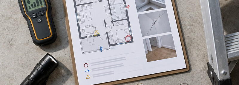 Property inspection kit laid out with report, moisture meter, torch and keys