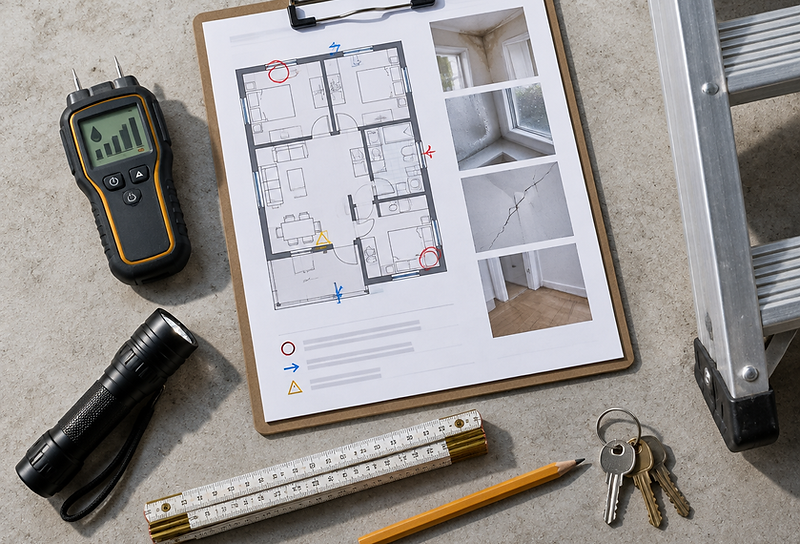 Property inspection kit laid out with report, moisture meter, torch and keys